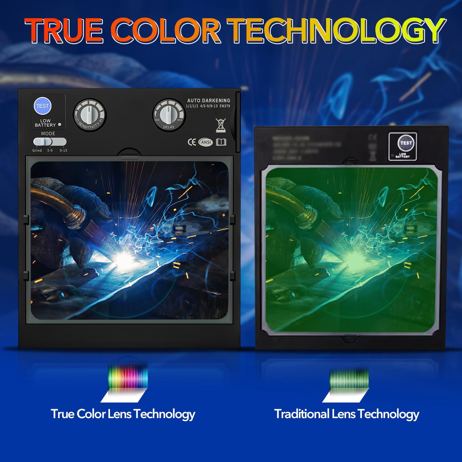 TRQWH Welding Helmet Auto Darkening Large Viewing True Color Solar Powered Welding Mask with 4 Arc Sensor Adjustable Wide Shade Range 4~5-8/9-13 Welder Mask with Grinding