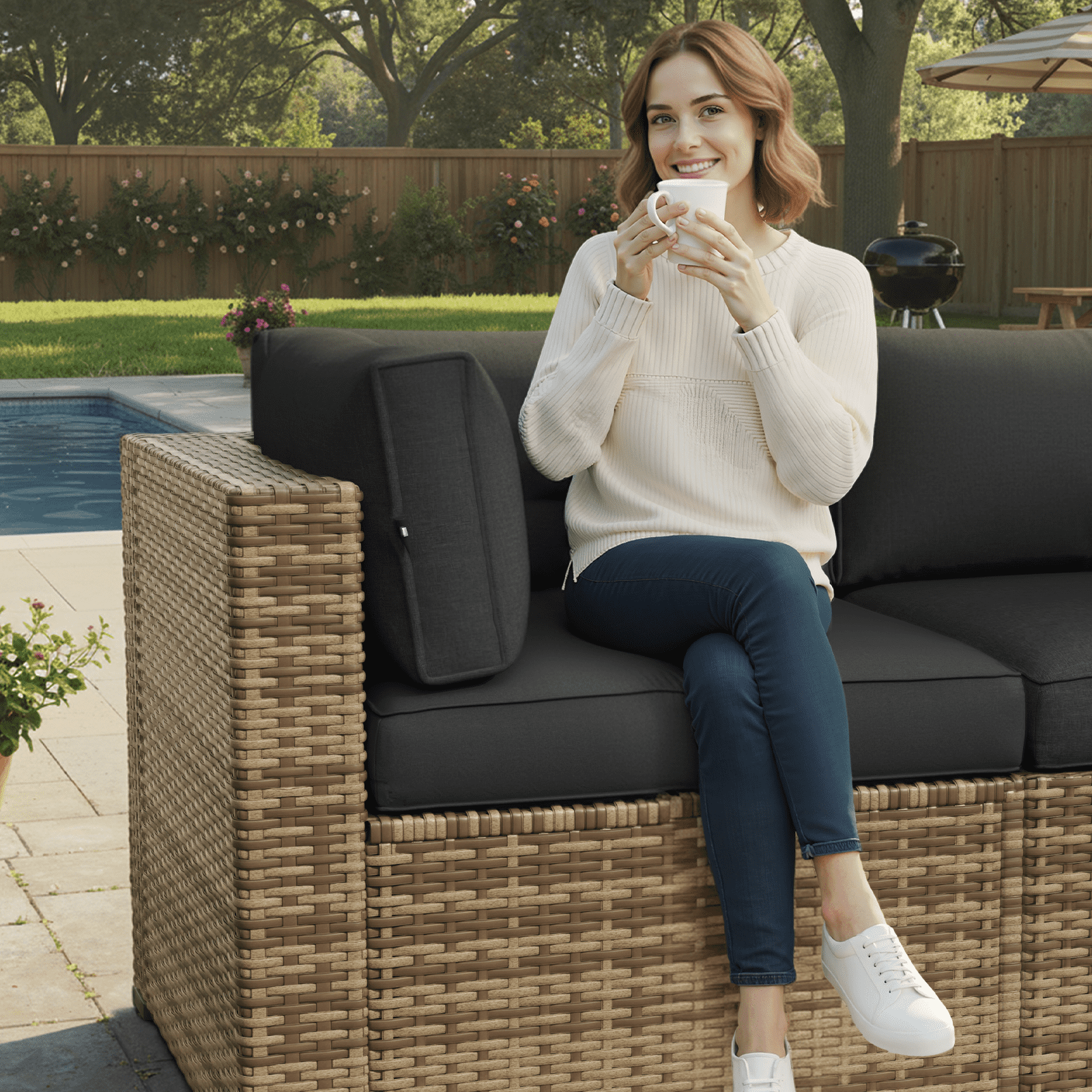 Aoxun 7 Piece Patio Furniture Set Wicker Rattan Patio Conversation Set Outdoor Sectional Sofa Set with Coffee Table and 4” Thickened Cushions, Black(Waterproof Cover Included)