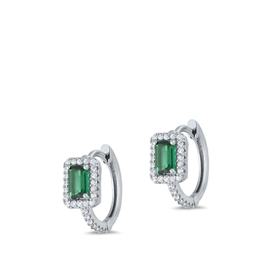 Sterling Silver Halo Simulated Emerald Clear Cubic Zirconia Hoop Earrings 925 New Jewelry Female