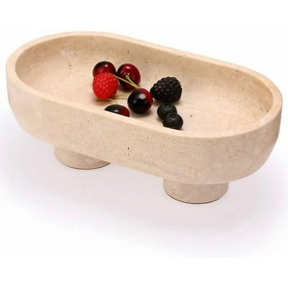 Oval Natural Travertine Fruit Bowl for Kitchen Counter, 10 Inch Large Decorative Pedestal Bowl for Home Decor, Stone Oval Fruit Tray for Table Centerpiece, Key Bowl for Entryway Table
