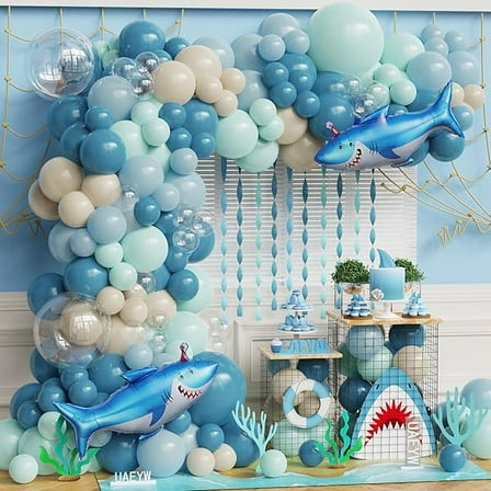 Ocean Under the Sea Birthday Party Decorations 153Pcs Shark Balloon Garland Arch Kit Dusty Blue Green White Sand Balloon with Shark Foil Balloons for Kids Boys Shark Week Ocean Animals Baby Shower