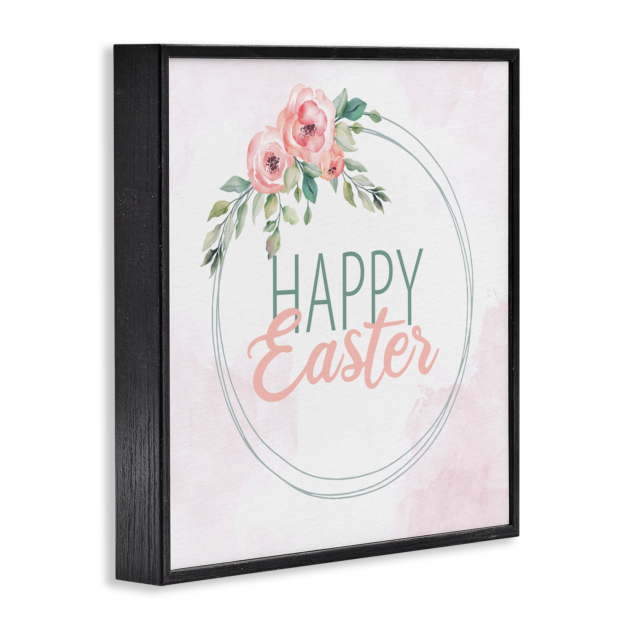 Happy Easter Round Floral Border Pastel Pink Design Black Framed Giclee Art, 12 x 12, By Kim Allen