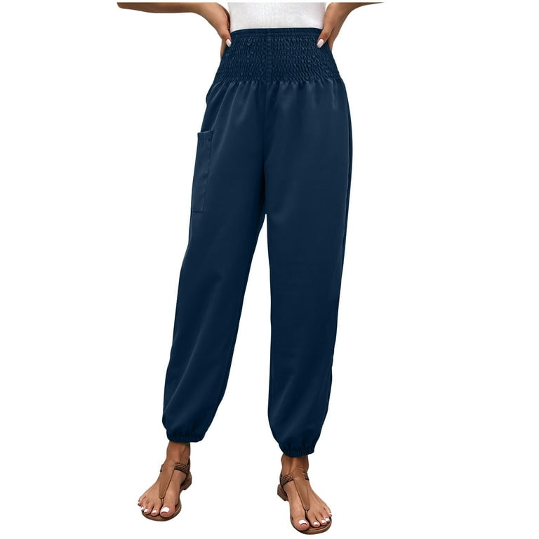 HUPOM Womens Dress Pants Stretchy Women Capri Pants Carpenter High Waist  Rise Long Flare-Leg Blue 3XL 