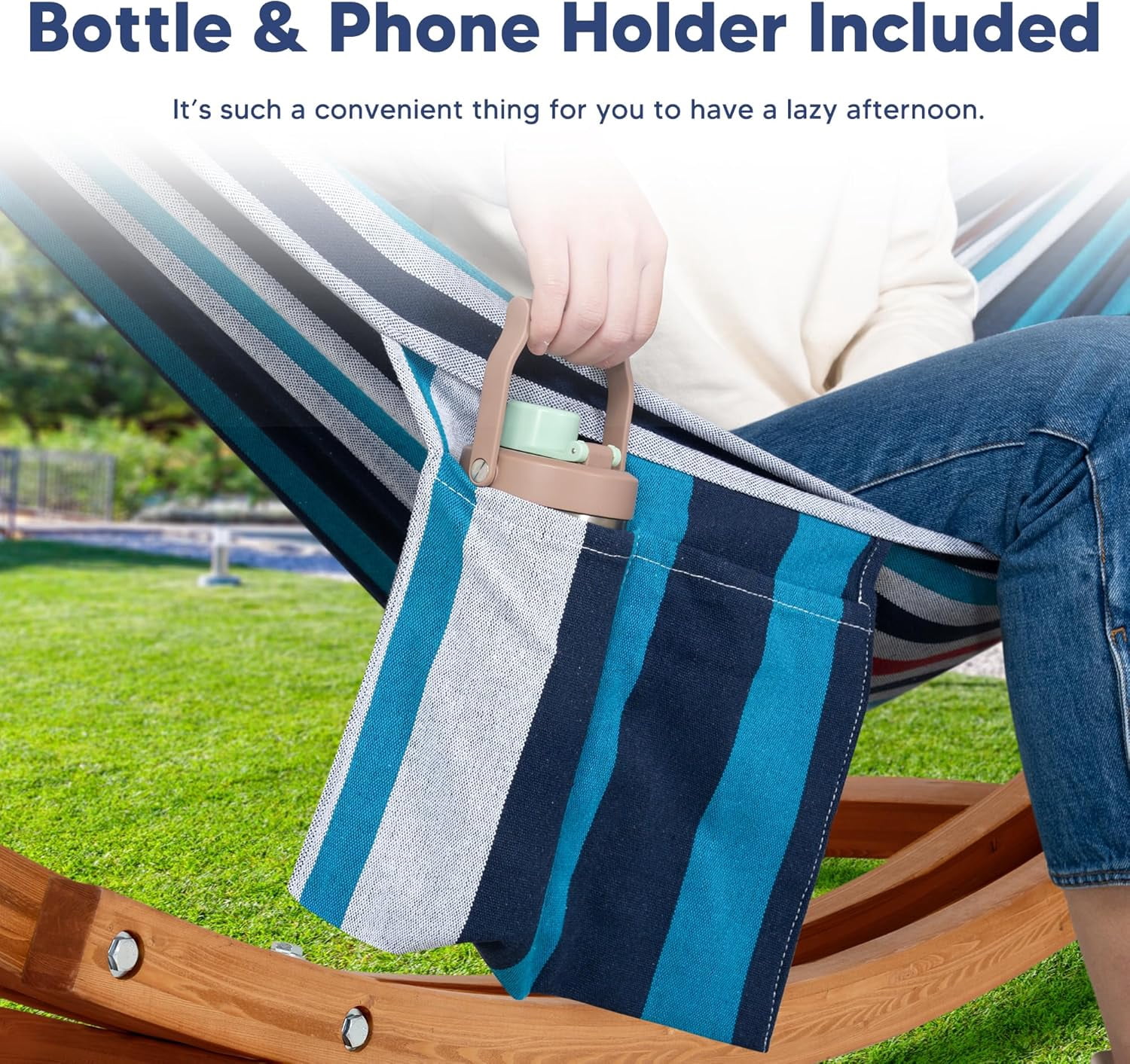 SUNCREAT Outdoor Hammock with Stand Included, Portable Hammock with 10 ft Wooden Stand, Blue Stripes
