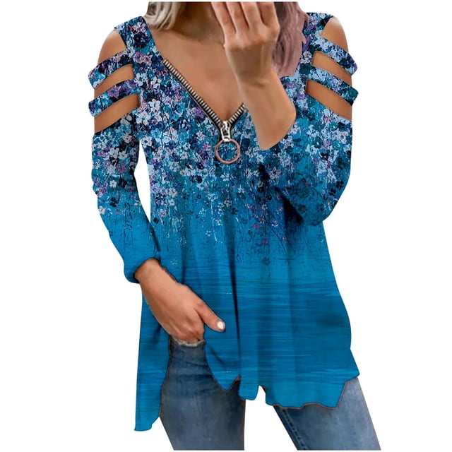 Moda Mujer Cuello en V Manga larga Tops Camiseta Estampado Cremallera Blusa suelta Pompotops gfhjh5378