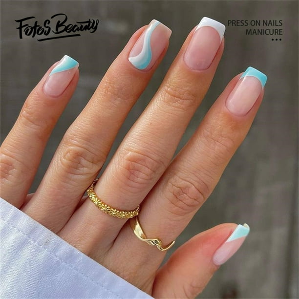 Fofosbeauty 24Pcs Press On False Nails, Short Square Fake Nails, Light  Macaron Blue French - Walmart.Com