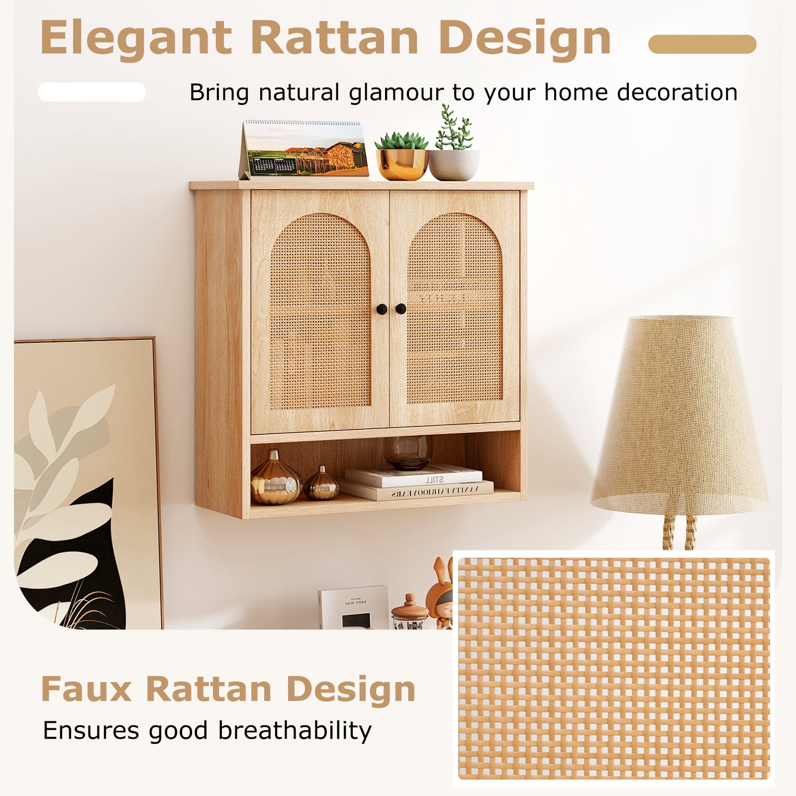 Giantex Bathroom Wall-Mounted Cabinet, Faux Rattan Medicine Cabinet w/Adjustable Shelves, Storage Cabinet Over Toilet