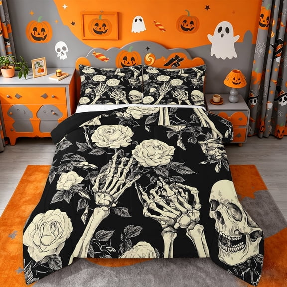 Homewish Dark Halloween Skeleton Full Size Comforter Sets,Vintage Rose Pattern Bedding Comforter Set,Black Cream,Black Reversible,3pcs,1 Comforter and 2 Pillowcases
