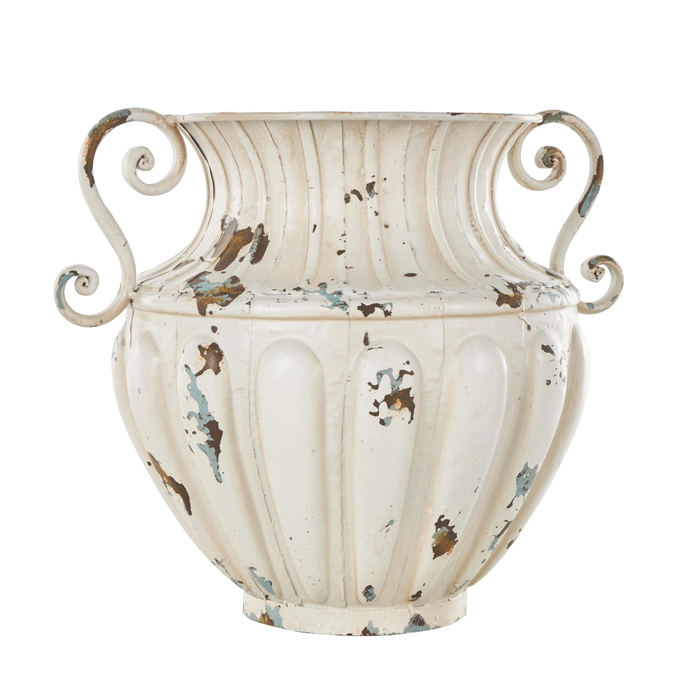 DecMode 10" Scroll Vintage Amphora Cream Metal Vase with Brown and Teal Distressing and Scroll Handles