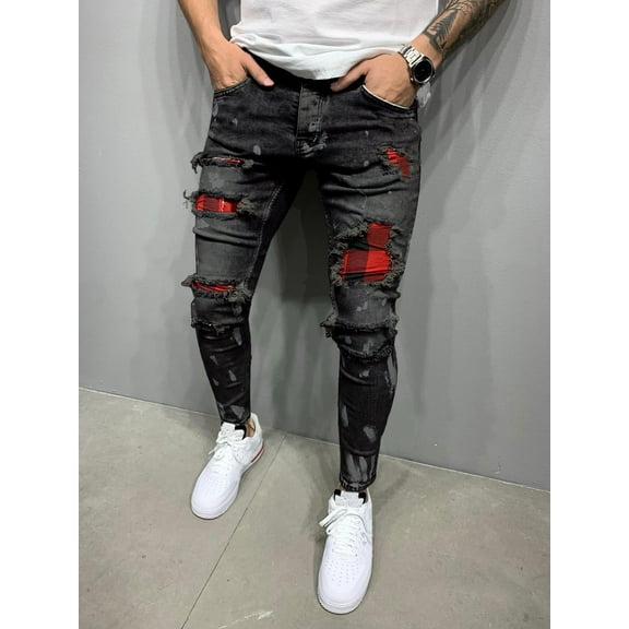 ROMWE Guys Plaid Spliced Ripped Jeans