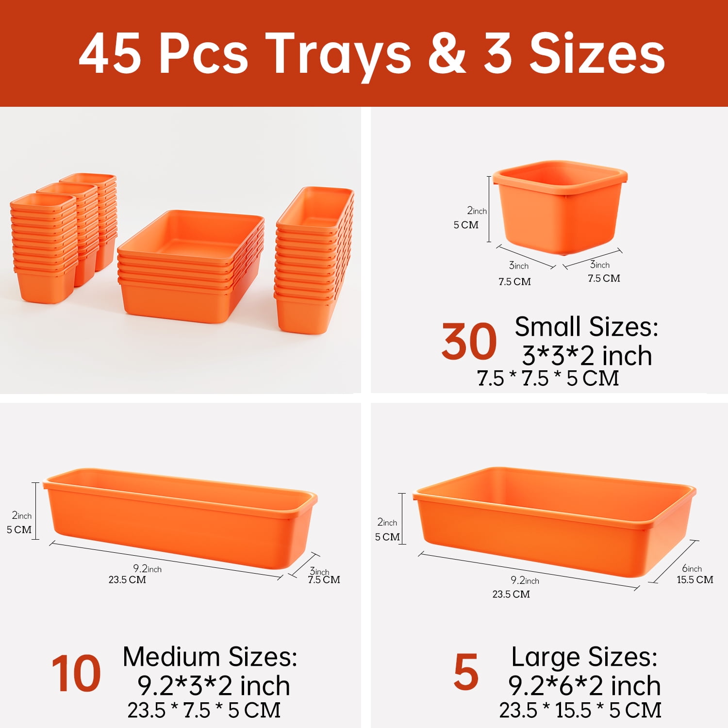 HAIDAIYA 45 Pack Drawer Organizer Trays Set, 3 Sizes Plastic Divider Storage Bins for Desk, Makeup, Tool Box, Jewelry (Orange)