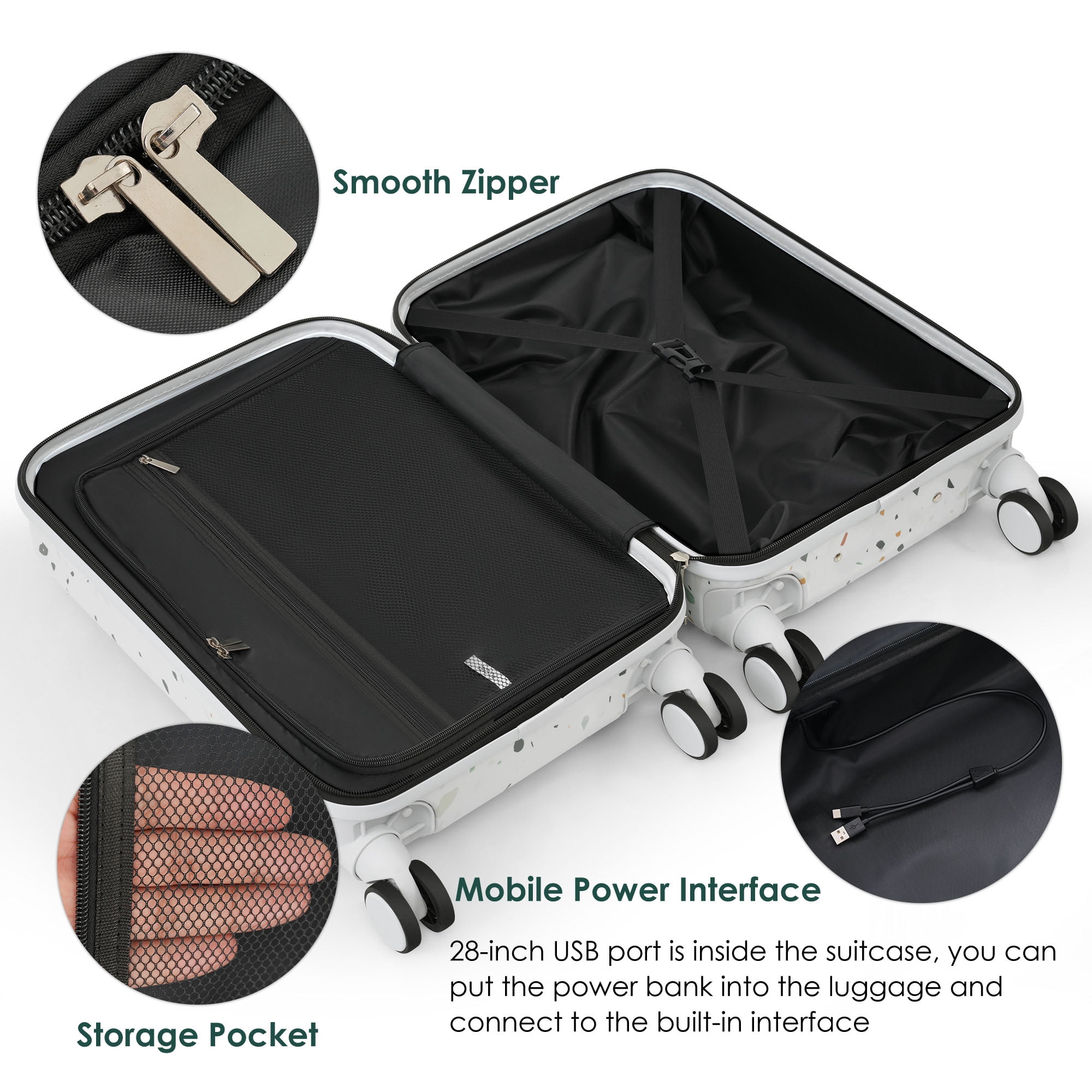 Noaman 3-Piece Luggage Set with USB Port, ABS+PC Spinner Wheels Ivory