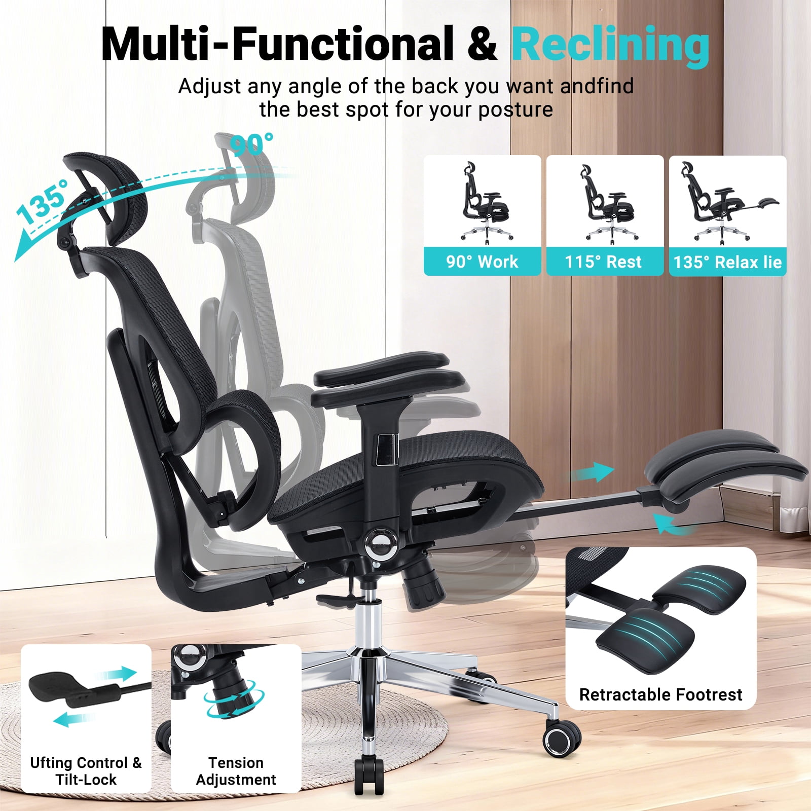 400lbs Ergonomic Office chair with Footrest, High-Back Mesh Desk chair with Adjustable Lumbar Support & Headrest & Armrest, Comfy Computer Gaming chair with Heavy Duty Base for Work, Home & Gaming