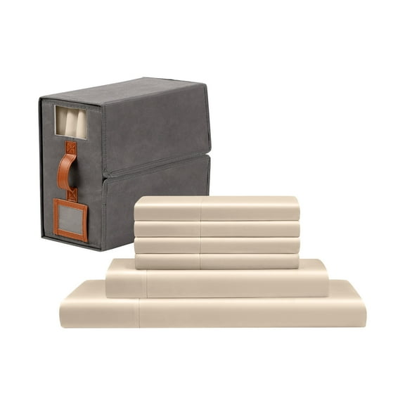 Modern Threads 6-Piece Oat Satin Sheet Set with Organizer Box, Full