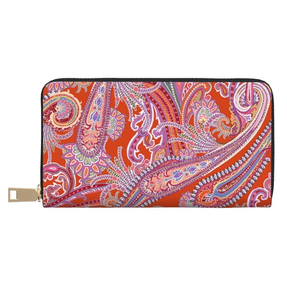 Leather Thin Slim Wallets for Women Men - Orange Paisley Floral Clutch Card Wallet for Women Men with Zipper