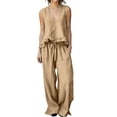 thumbnail image 2 of BRELIL Women's Two Piece Sets V Neck Sleeveless Tank Top Wide Leg Pants Casual Solid Boho Beach Loose Lounge Matching Outfits Vacation Travel Tracksuit, Khaki M, 2 of 9