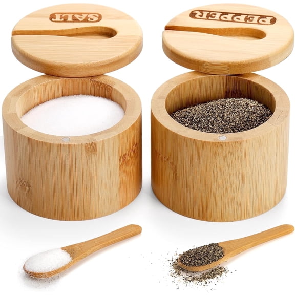 Dompilc 2-Pack Bamboo Salt & Pepper Bowls - Round Containers with Magnetic Swivel Lids & Spoons, Seasoning Storage for Salt, Pepper, Sugar, Spice