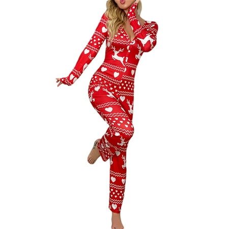 

Eyicmarn Women Romper Pajamas Long Sleeve V Neck Cartoon Snowflake / Elk Buttons Long Home Jumpsuit S-M-L-XL