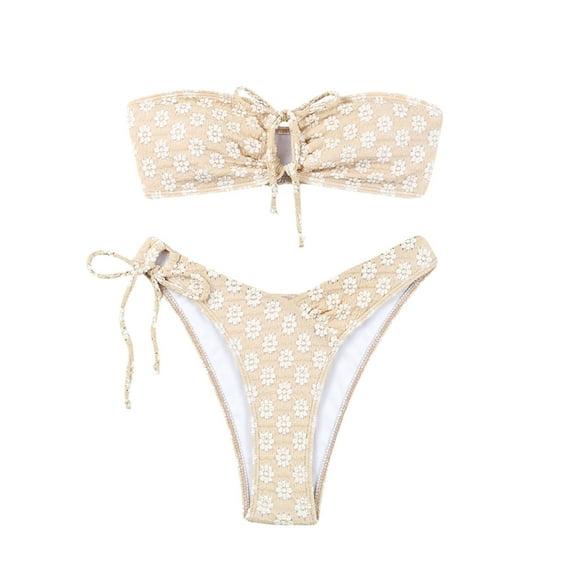 Efsteb Women 2 Piece Bikini Set Floral Print Drawstring Bandeau Push-Up Padded Two Piece Bathing Suit Swimwear (Beige,M)
