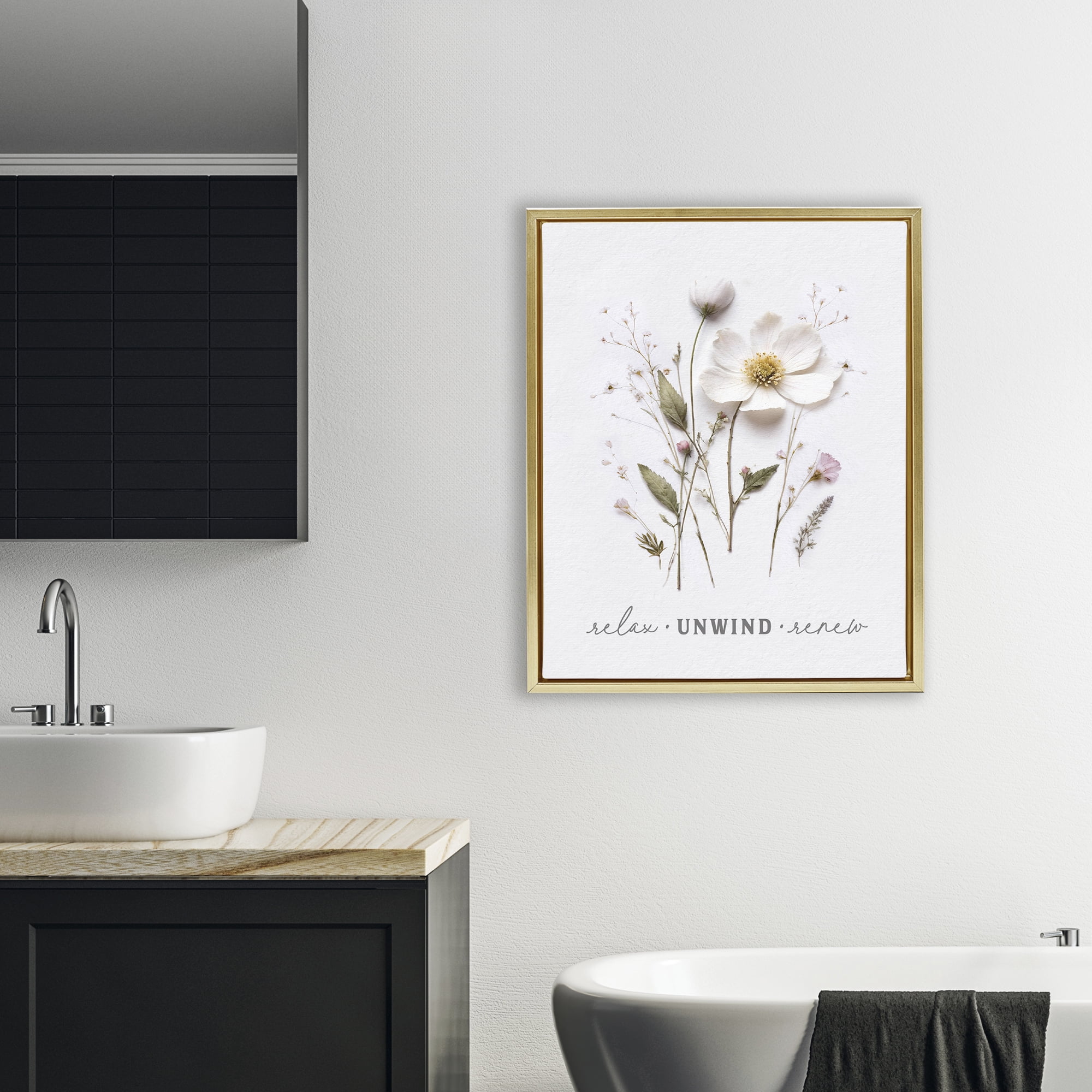 Relaxing Pressed Flowers Gold Framed Floater Canvas Wall Art, design by Lettered and Lined