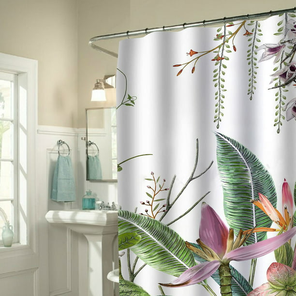 Shower Curtain Tropical Green 70x70 Inch With 12 Plastic Hooks