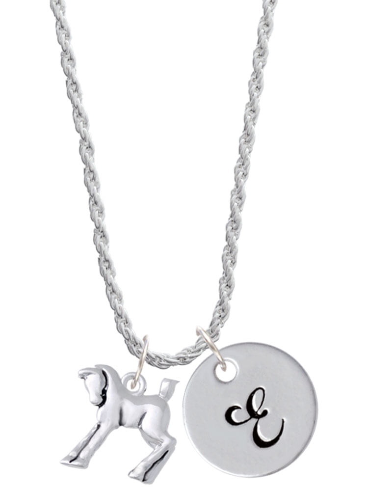 Delight Jewelry Silvertone Equestrian Horse Silvertone Script Initial Disc - E - Charm Necklace, 20"+3"