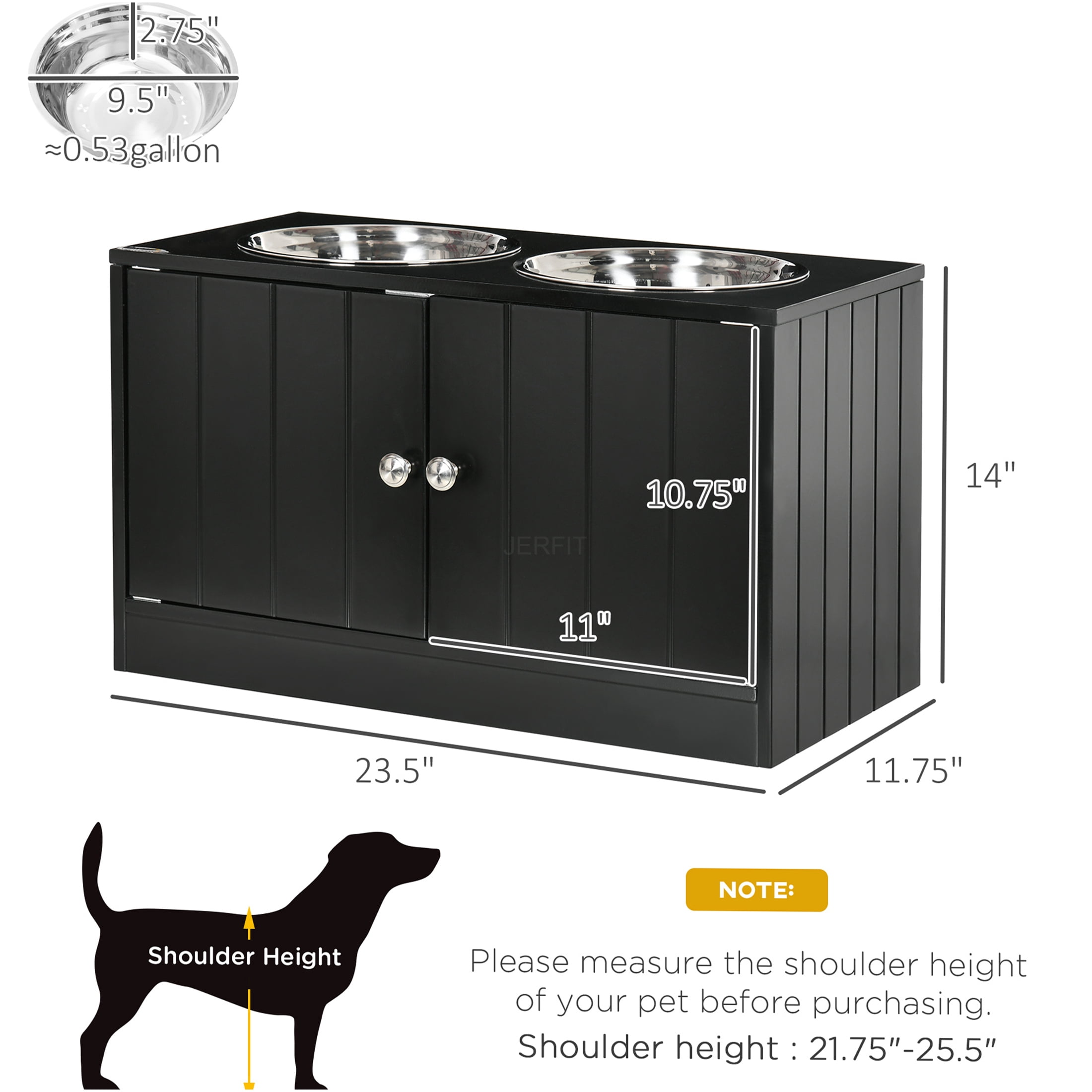 JERFIT Elevated Dog Feeder with Storage Cabinet, Magnetic Lock Pet Food Station Organizer, Large Stainless Steel Bowls, Black MDF Dog Dining Table