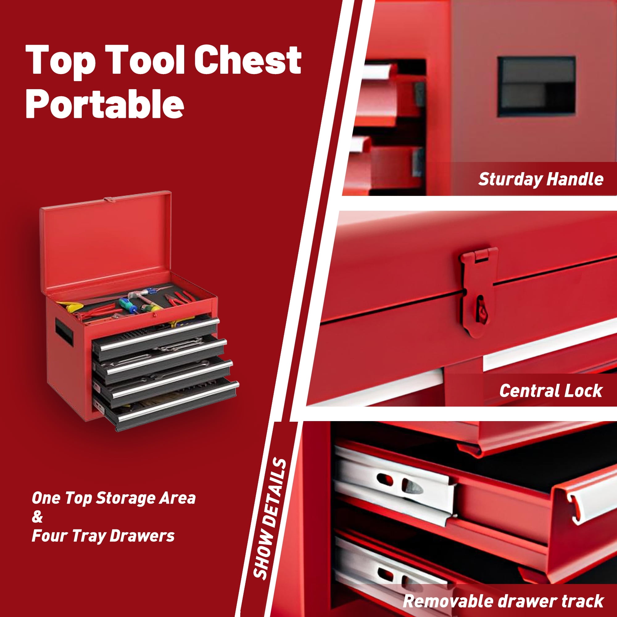 7 Drawer Tool Chest on Wheels, Multi-function Rolling Tool Box Organizer for Garage Workshop Warehouse Repair Shop, Red