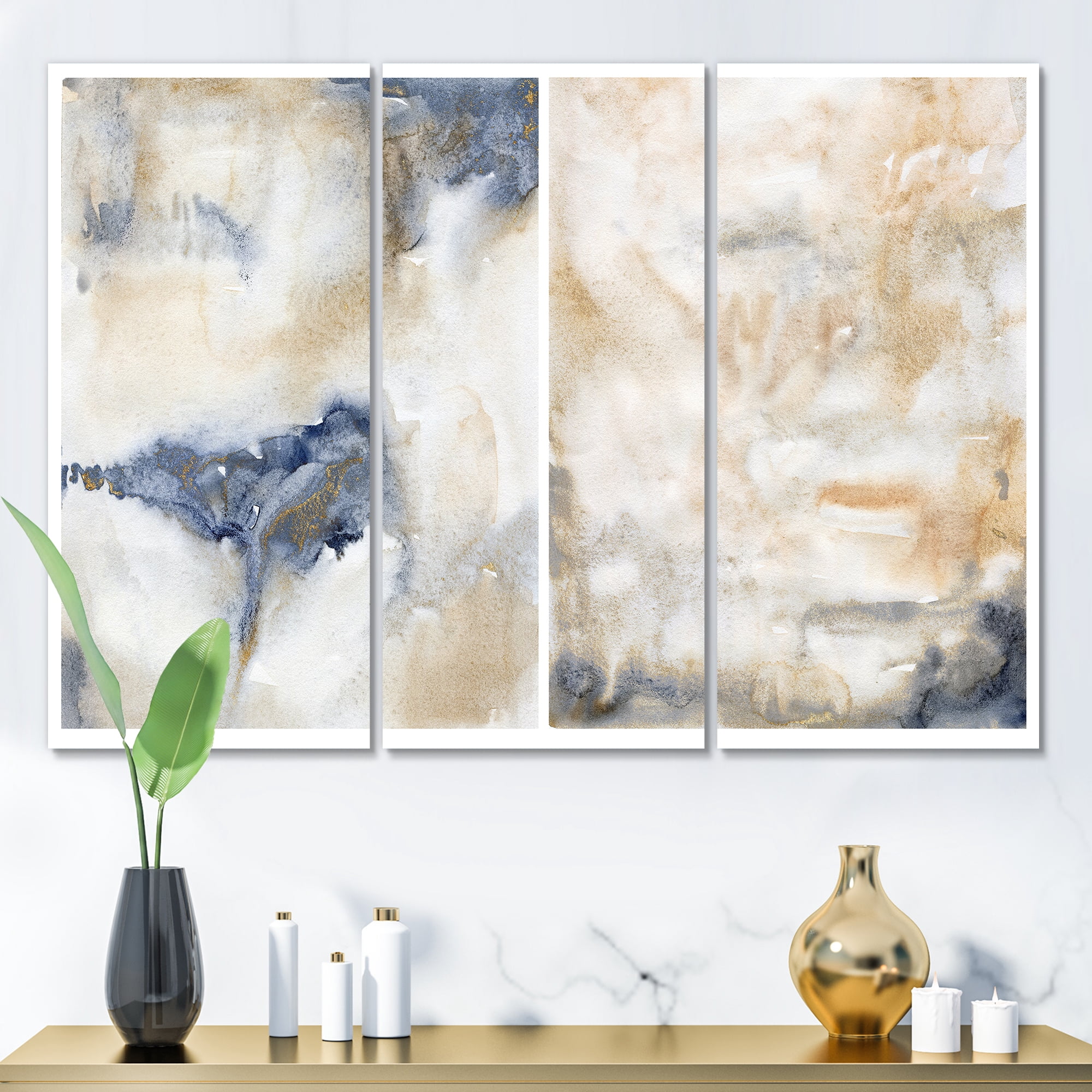 Designart ' Abstract Gold Beige Pink and Dark Pastel Strokes ' Modern Canvas Wall Art Print