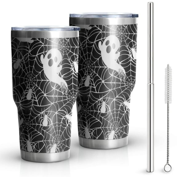 30oz Ghost and Spider Web Halloween Pattern Tumblers Stainless Steel Tumbler with Lid and Straw,Vacuum Insulated Double Wall Travel Tumbler Cups Mug with Cleaning Brush for Coffee,Tea
