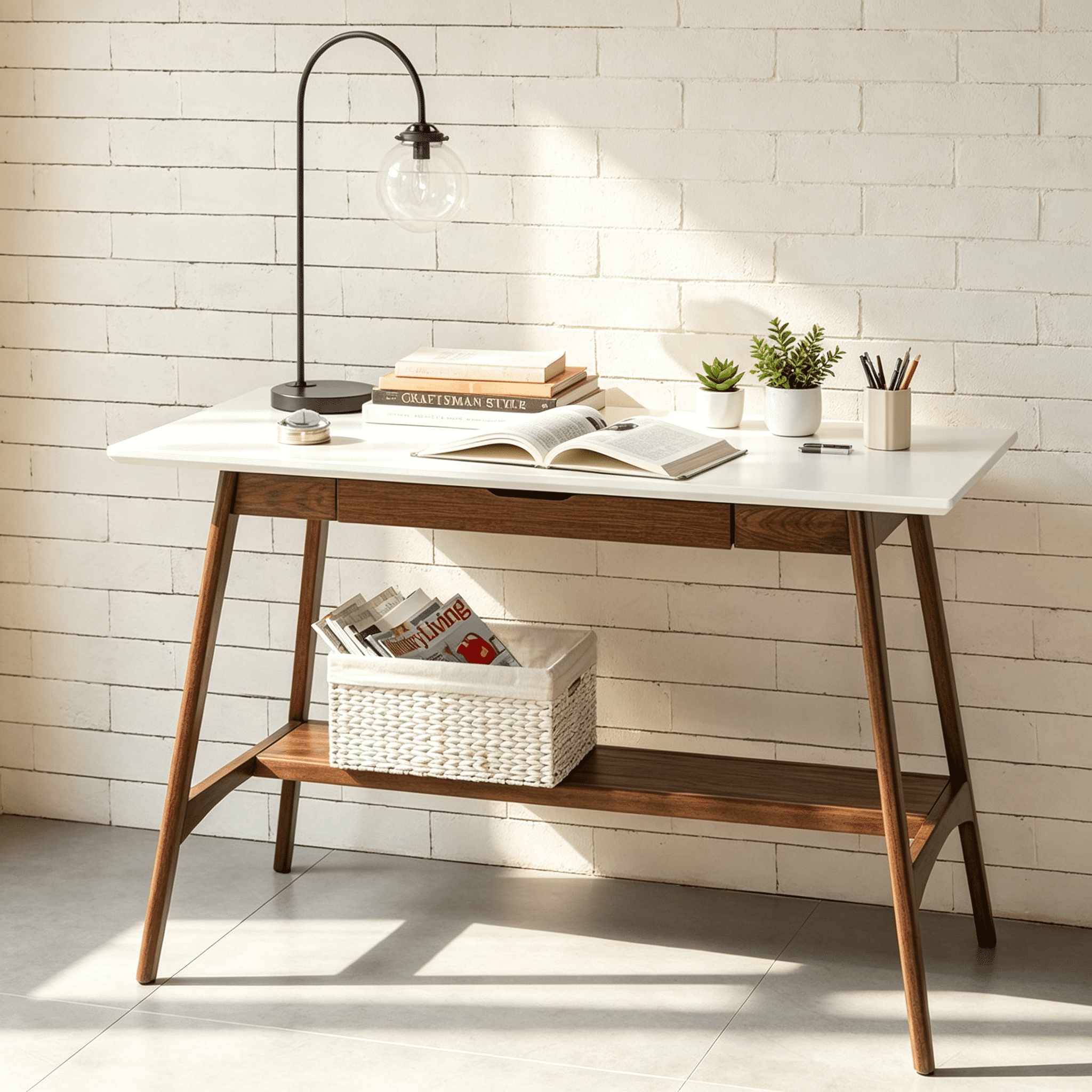 Asteroutdoor Desk with White Top and Pecan Wood Base, Lower Shelf, Assembly Required
