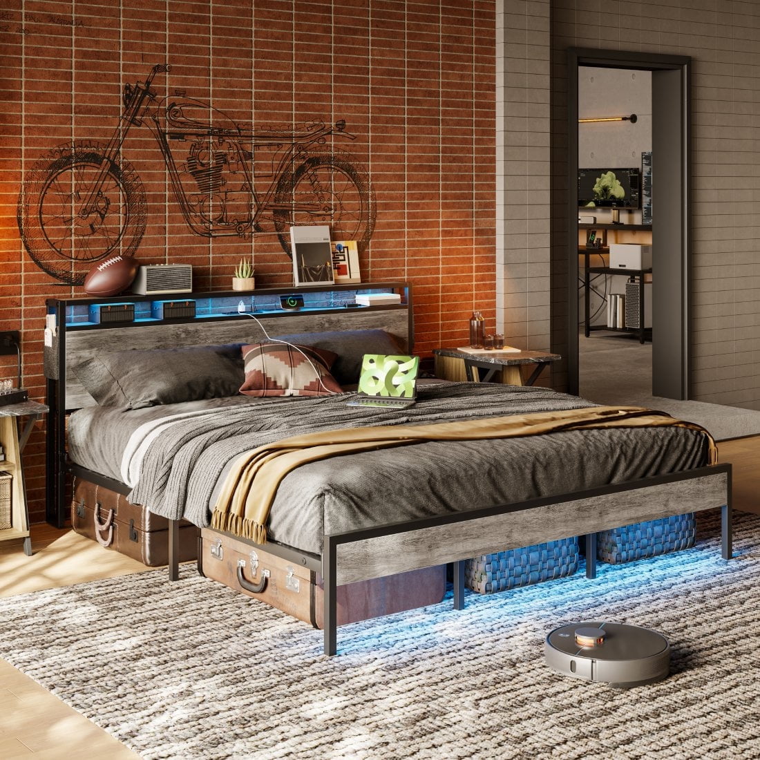 Bestier King Size Bed Frame with Charging Station and  2 USB Ports and Outlets,LED Light Storage Headboard,Noise Free Design,Grey