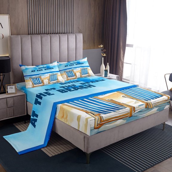 Erosebridal Ocean Beach Sheet Set Twin,Blue Wheat Bedding Sets Twin Size,Sea Marine Twin Sheet Sets,Microfiber Summer Holiday Bedroom Decorative,3pcs