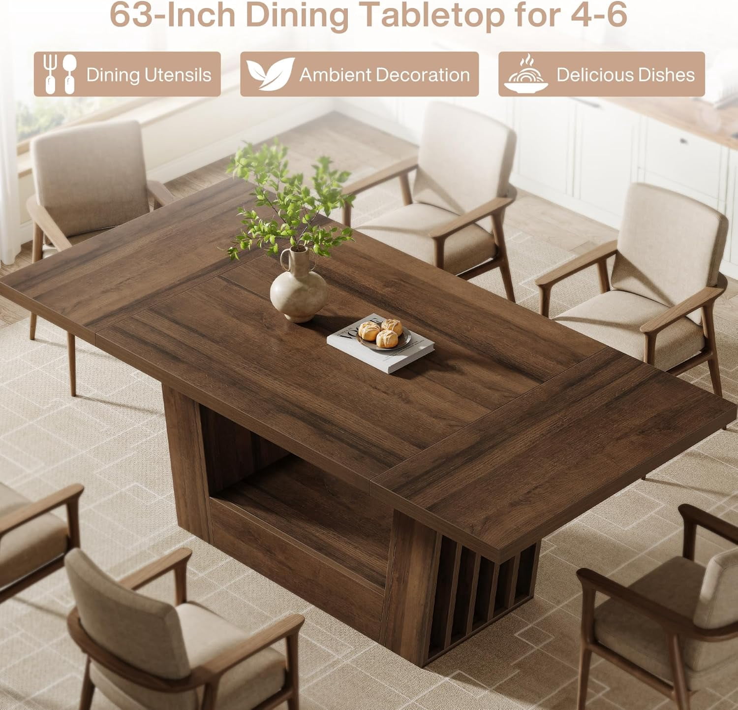 Tribesigns 63" Farmhouse Dining Table with Heavy-Duty Base for 4-6, Dining Room & Kitchen Furniture, Brown