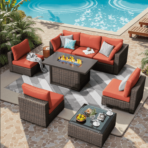 Gaildon 8 Piece Patio Furniture Set with Fire Pit Table, All Weather Outdoor Sectional PE Rattan, Patio Conversation Sets with Cushions for Garden Lawn Balcony Porch Deck, Red