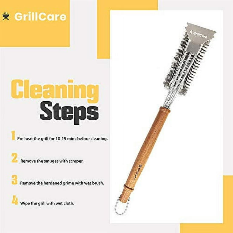 GrillCare, None Grill Brush and Scraper - BBQ Grill Cleaning Brush with 18inch Wooden Handle - Safe Stainless Steel Bristles - Best Barbecue Grill
