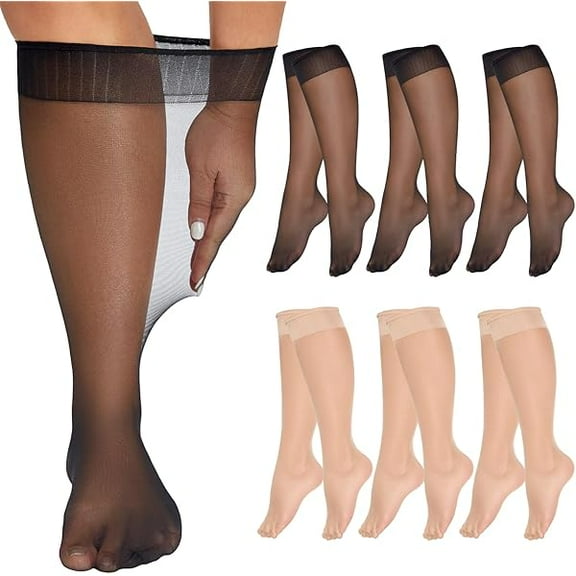 ZC 6 Pairs Plus Size Knee Highs for Women 15 Denier Sheer Nylon Socks Knee High Stockings