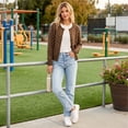 thumbnail image 2 of Womens Polka Dot Knit Cardigan Round Neck Single Button Long Sleeve Cropped Sweater Coat Lightweight Knitted Open Front Cardigan Casual Outerwear Brown L, 2 of 3