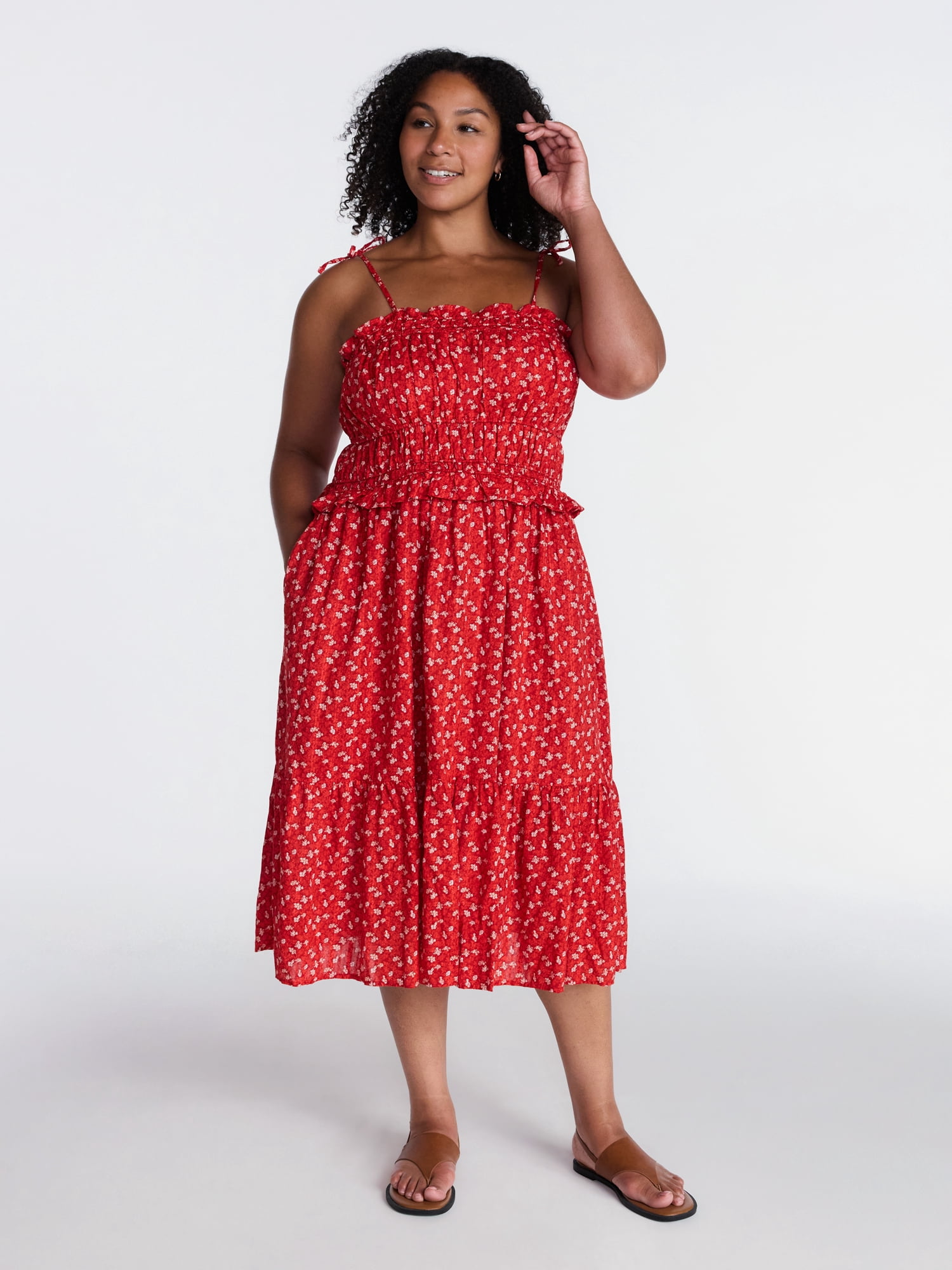 Time and Tru Women's Sleeveless Cotton Midi Dress with Piped Trim, Sizes XS-XXXL