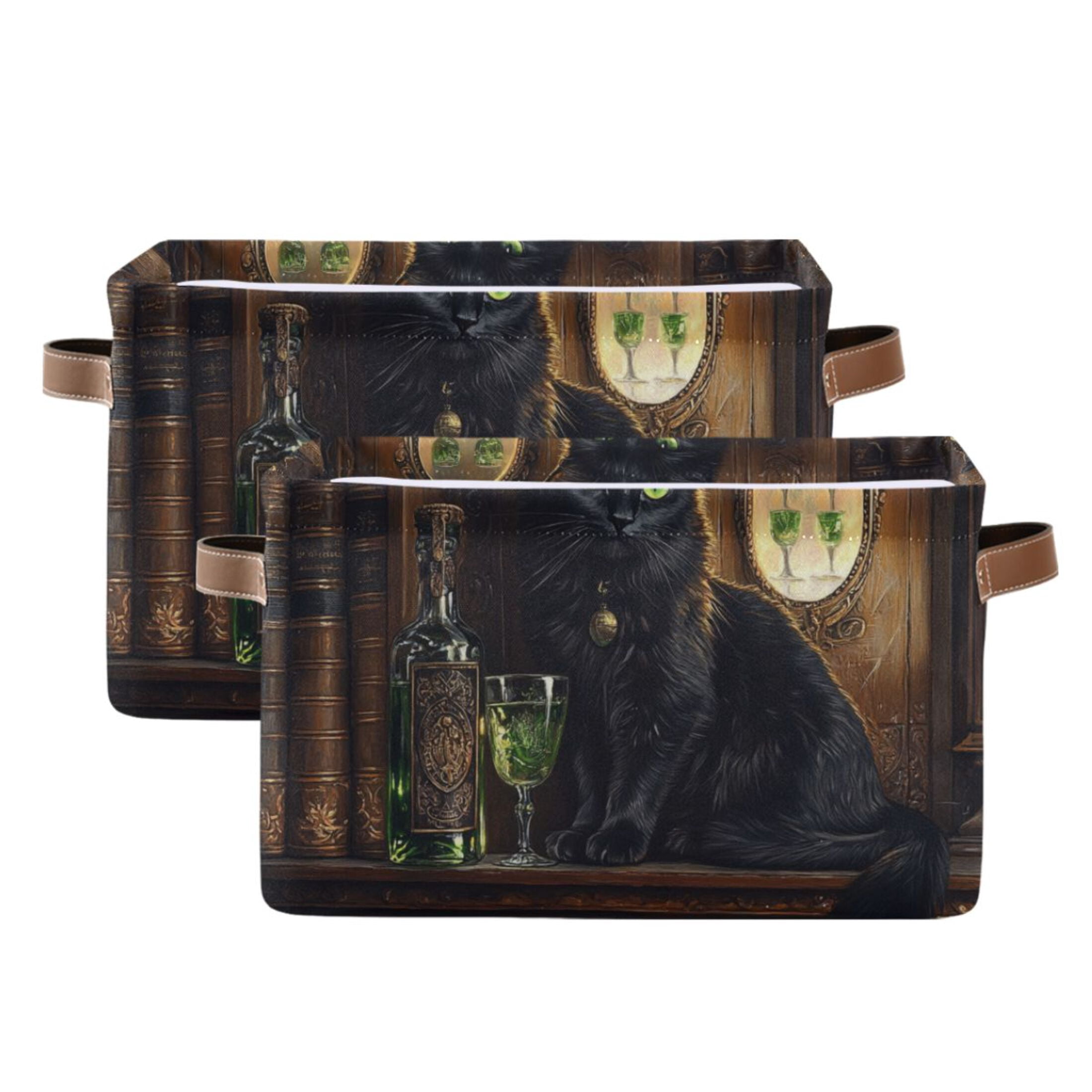 WOBOGO Black Cat with Absinthe Square Storage Basket with Waterproof Canvas and PE Lining Durable PU Leather Handles 14.2×10.2×8.3in