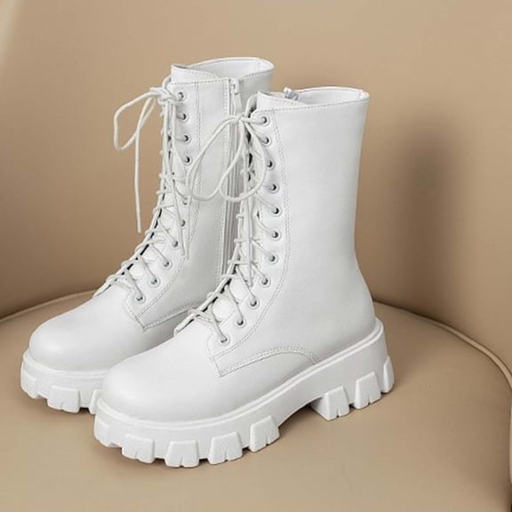 BRGZLK Lace Up Platform Mid Calf Boots for Women Winter Trendy Chunky Heel Lug Sole Side Zipper Motorcycle Booties PU Leather Punk Rock Street Footwear White 37