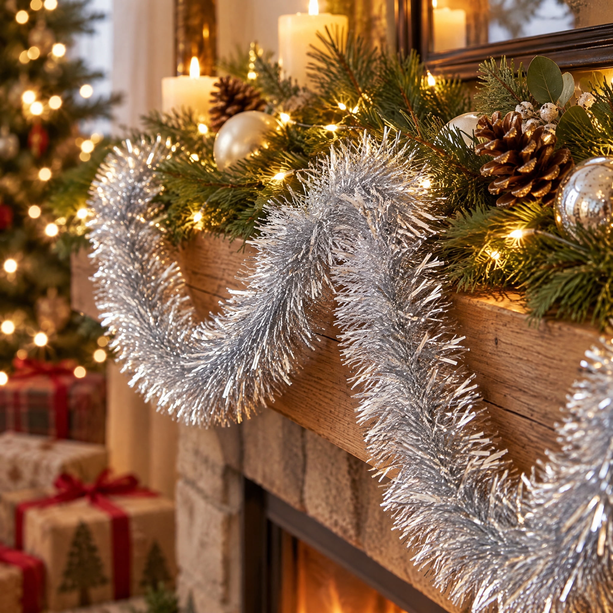 Tinsel Christmas Garland, Silver, 15', by Holiday Time
