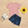 thumbnail image 5 of LNMQLPDBS Short Sets for Girls Solid Color Ribbed Button Decoration Short Sleeve T Shirt & Denim Shorts with Pockets 2pcs Outfits Toddler Girls Clothes Summer Casual Outdoor Suits Pink 3-4 Years, 5 of 6