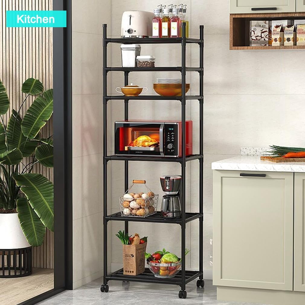Black Shelving Unit, 42x 32 x 165 cm, 6 Tier Tall Narrow Shelving Unit with Wheels and Anti-Slip Feet, Adjustable Shelving (Black)