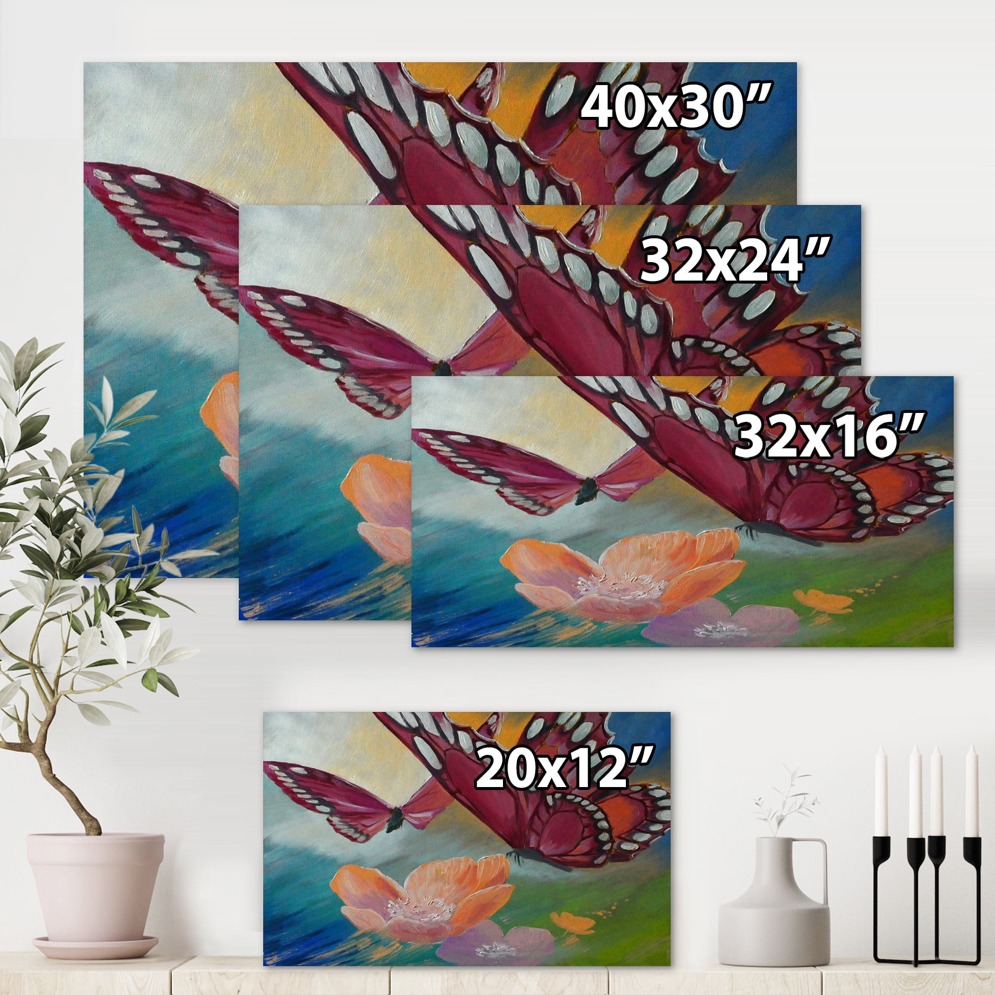 Designart ' Butterflies On Pink Flowers ' Traditional Canvas Wall Art Print