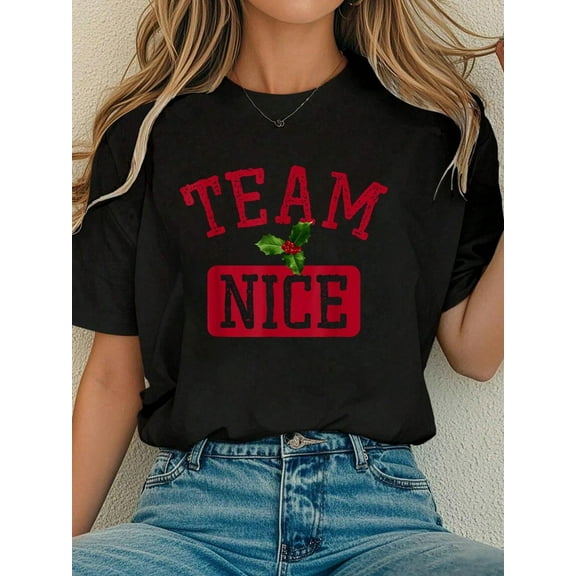 Women Cotton Tshirt Holiday Christmas Xmas Gifts Team Nice Family Holiday T-Shirt - Women's Black Santa Crew Neck Short Sleeve Fitted T-Shirt - Small Comfort Tshirt Women