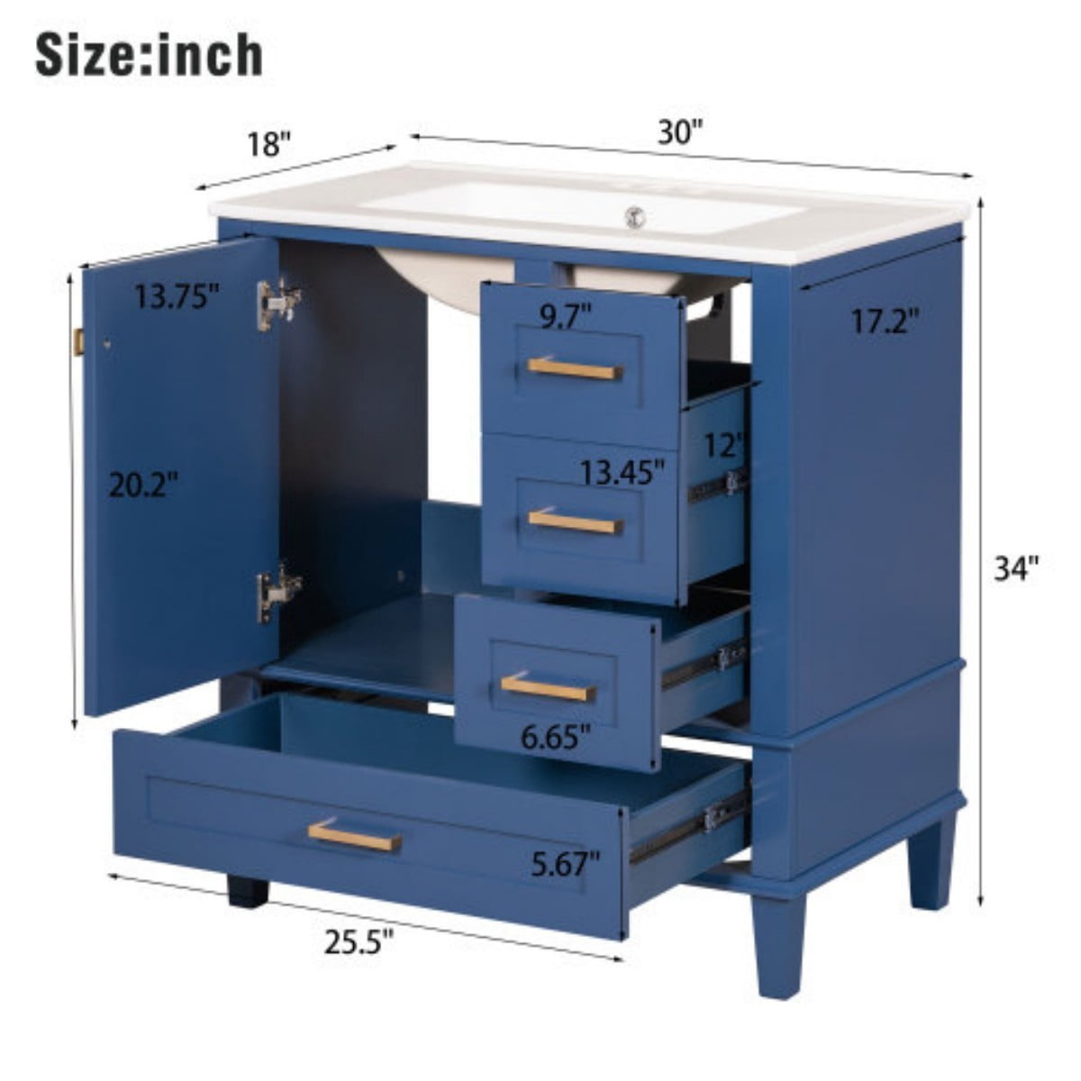 30" Bathroom Vanity with Ceramic Sink, Freestanding Bathroom Cabinet, Soft Close Door, 3 Drawers, Solid Wood Frame, Blue