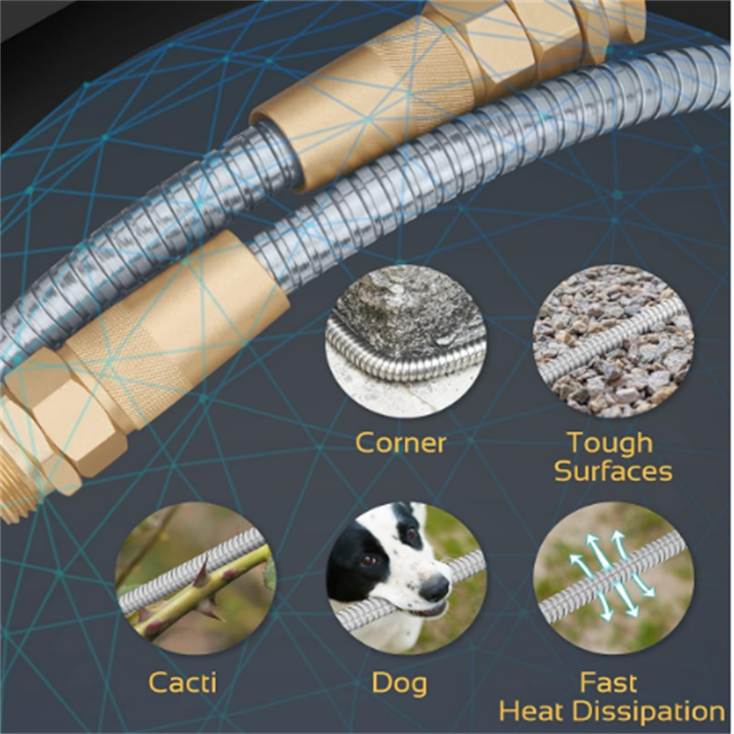 Hose Metal - 100ft Heavy Duty Stainless Steel Water Hose with 8 Function Sprayer & Metal Fittings, Flexible, Lightweight, No Kink, Puncture Proof Hose for Yard, Outdoors,