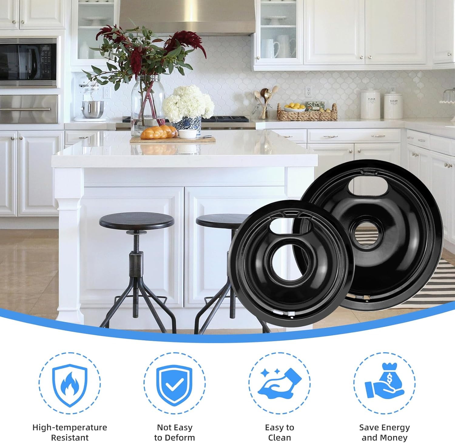 Black Stove Burner Drip Pans Replacement for GE Hotpoint Electric Stove Burner, (2) 8" WB31M19 (2) 6" WB31M20 Set by