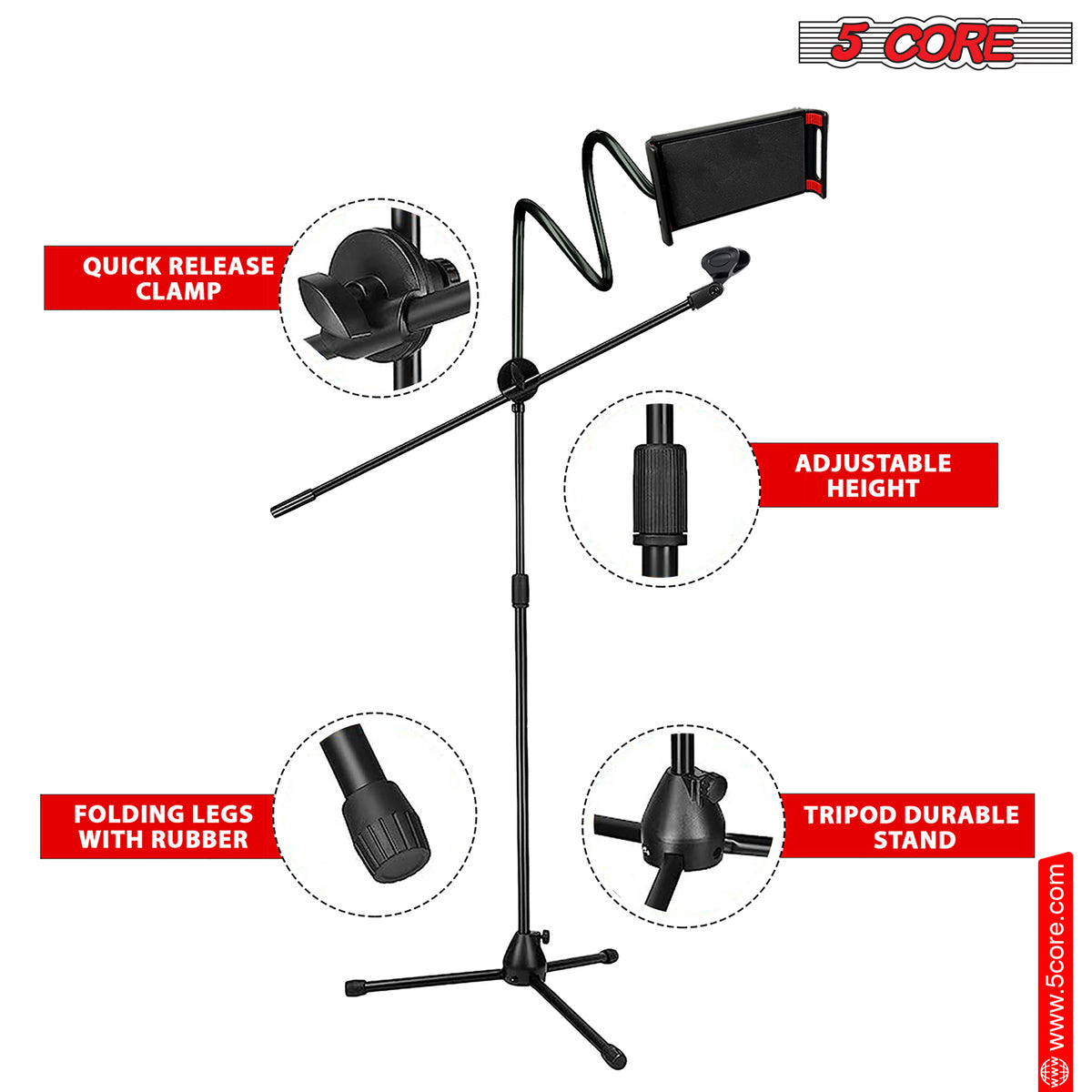 5 Core Mic Stand Pair with Tablet and Phone Holder, Adjustable Gooseneck Microphone Stand, Collapsible Tripod Boom Mic Stand With Mic Clip Holder & Phone Clamp for Singing, Karaoke, Studio MS MOB 2PCS